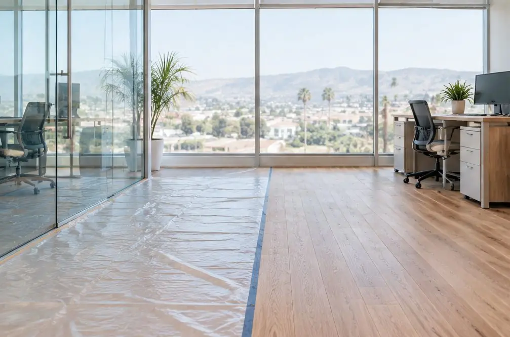 Illustration: a bright Chula Vista, CA office suite with a wide oak plank floor, half of it covered with plastic sheeting for a phased recoat, desks pushed against a glass wall and a view of the eastern hills