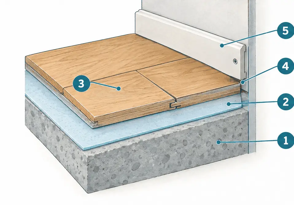 Diagram: cross-section of a floating engineered floor over underlayment on a concrete slab with a gap at the wall covered by a baseboard