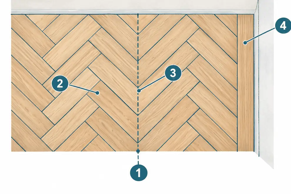 Diagram: top view of a herringbone floor, equal short planks meeting at right angles along a center line, with a straight border plank at the wall