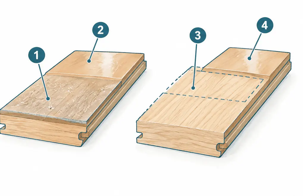Diagram: two board sections; left, a new coat over the scuffed old finish; right, the board sanded through the old finish into wood, then new coats
