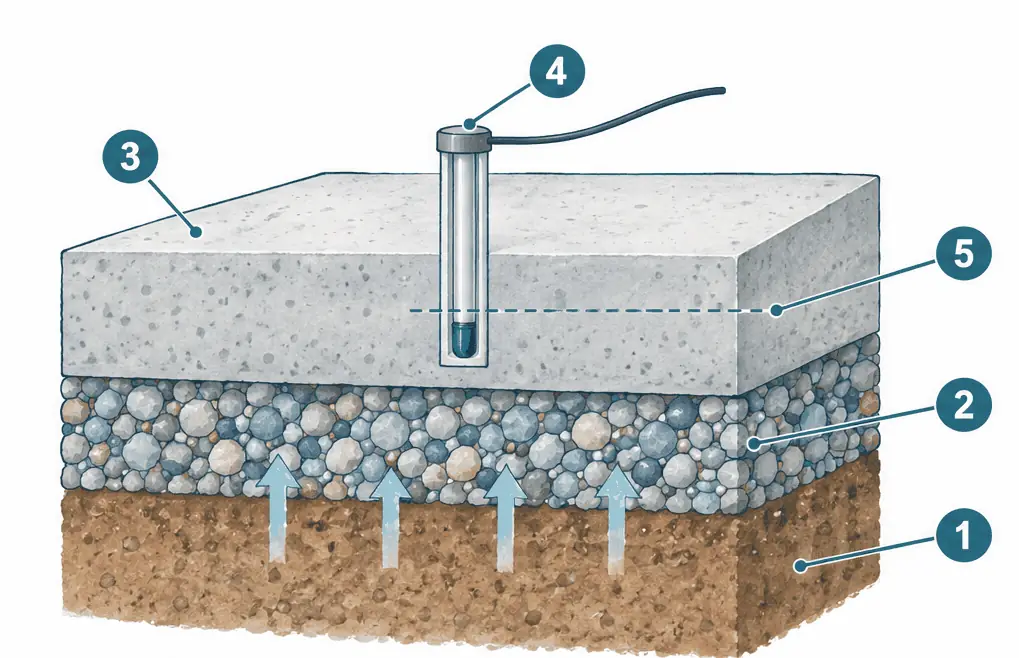 Diagram: cross-section of a concrete slab over gravel and soil with a sleeved probe hole drilled into the slab, a sensor at depth, a cap at the top, and arrows showing vapor rising from the soil