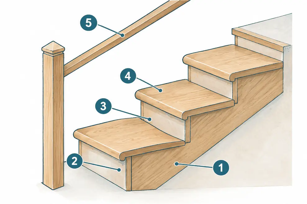Diagram: side section of three steps with a sloped stringer, a vertical riser, a horizontal tread, a rounded nosing and a handrail with a post