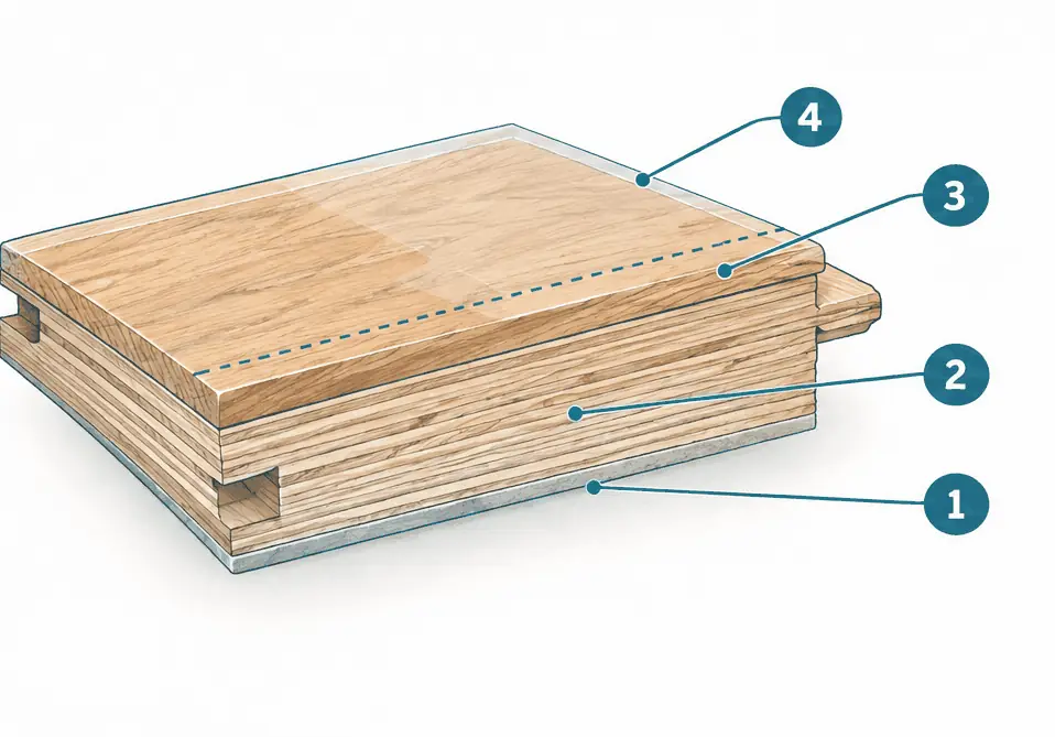 Diagram: cross-section of an engineered plank showing a thick wear layer of white oak over a plywood core and a balancing backer layer