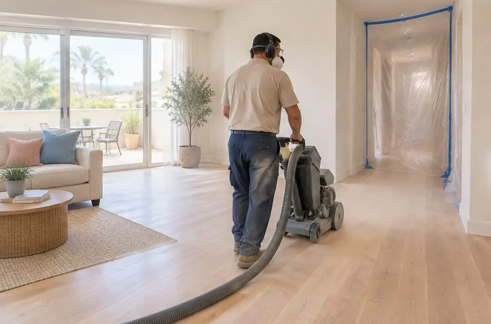 Illustration: a Chula Vista, CA townhome living room with a vacuum-connected floor sander, plastic zip-wall at the hallway and a window left open to a small patio