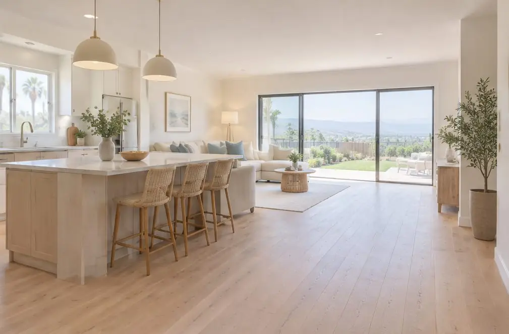 Illustration: an open-plan EastLake, Chula Vista home with a wide engineered oak floor over concrete, a kitchen island and sliding doors to a backyard with a view of the eastern hills