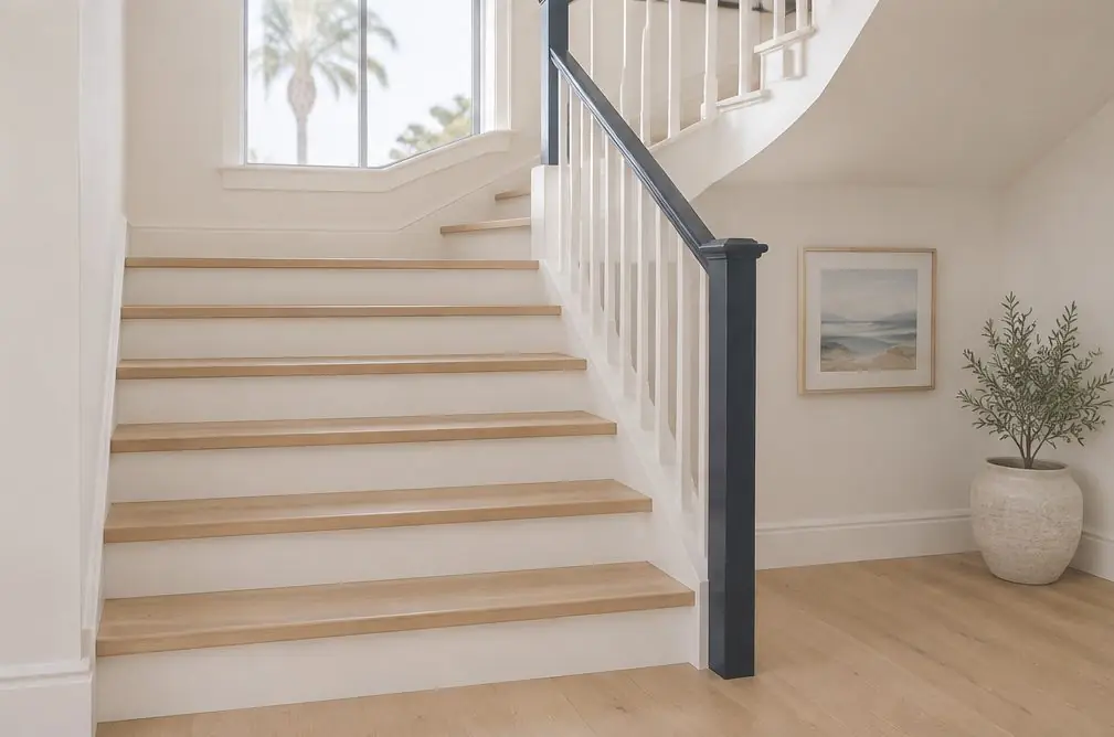 Illustration: a staircase with a landing and a turn in a Rolling Hills Ranch, Chula Vista, CA house, oak treads with painted white risers and a dark handrail