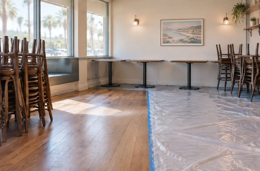Illustration: a small café dining room in Chula Vista, CA with an oak floor, stacked chairs, tables pushed to one wall and half of the floor covered with plastic sheeting during an evening recoat