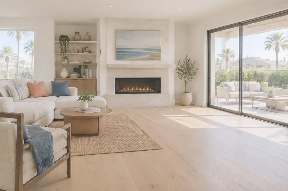 Illustration: a great room in an Otay Ranch, Chula Vista, CA house with a wide-plank engineered white oak floor, a fireplace wall and a sliding door to a patio