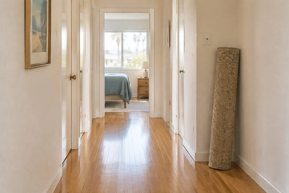 Illustration: a hallway and an open bedroom door in a 1960s Chula Vista, CA ranch house with a honey-toned oak strip floor and a rolled-up runner leaning against the wall