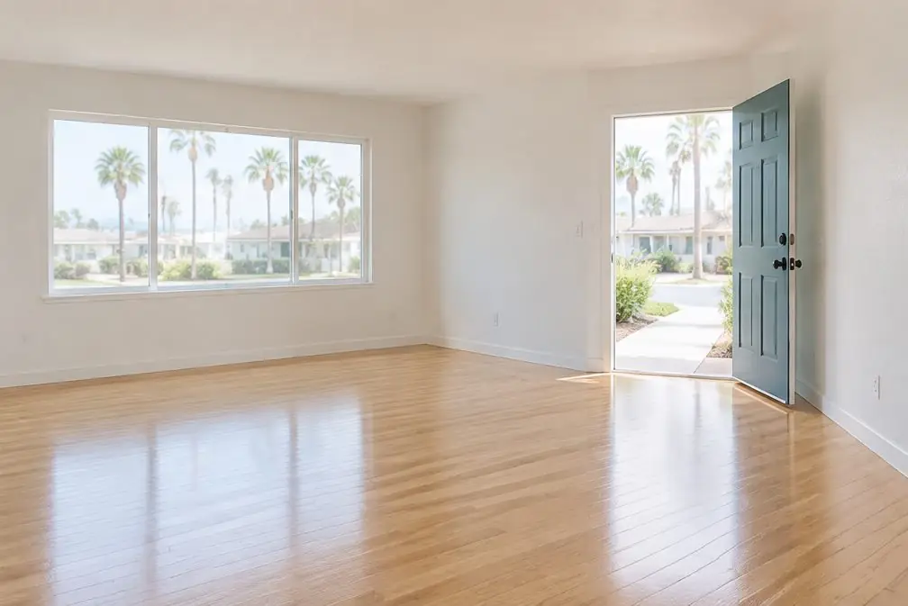 Illustration: an empty two-bedroom rental unit in Chula Vista, CA with a freshly refinished oak floor, bare white walls and a front door open to a walkway