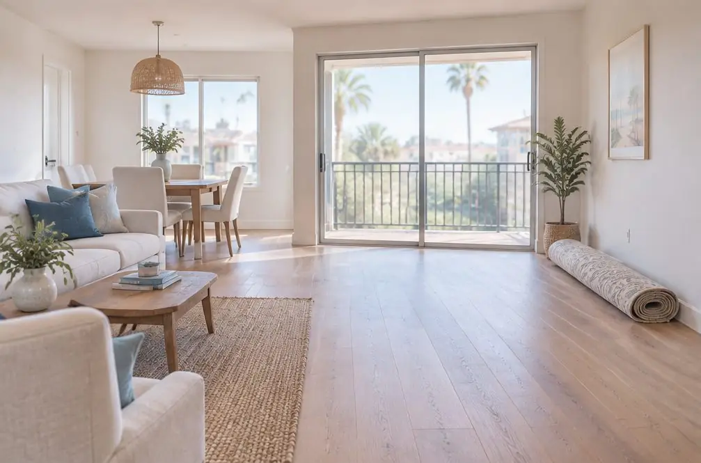 Illustration: a condo living and dining room in Chula Vista, CA with a satin engineered oak floor, a balcony door and an area rug rolled up near the wall