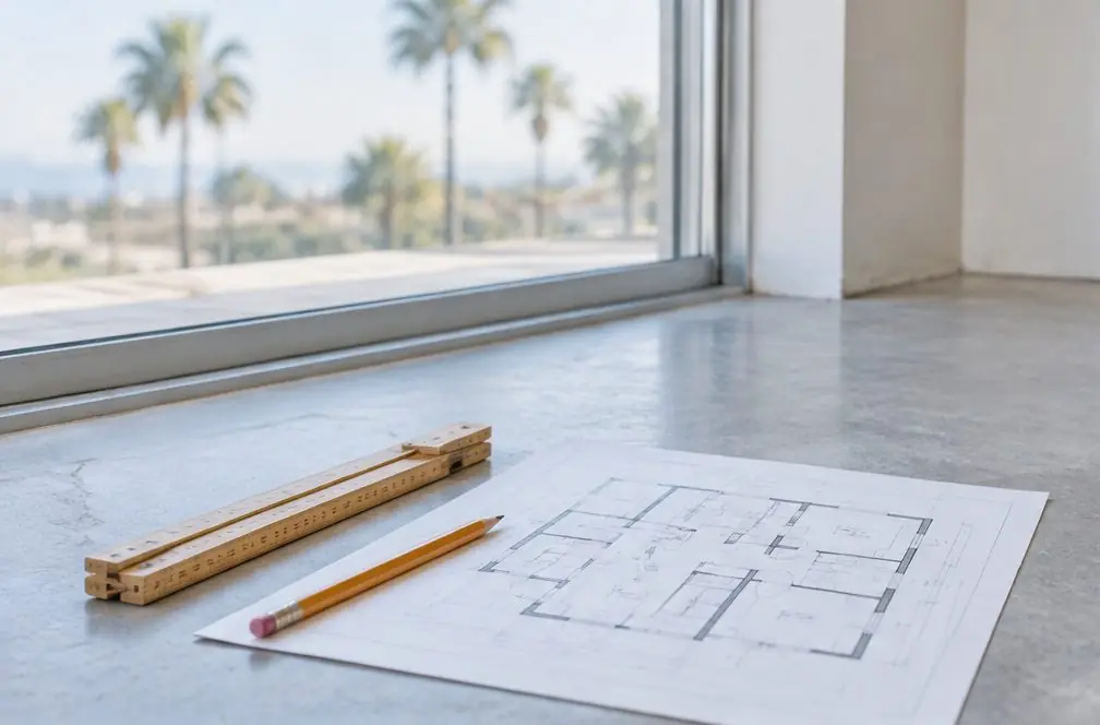 Illustration: a folding ruler, a pencil and a printed floor plan on a bare concrete floor beside a sliding glass door