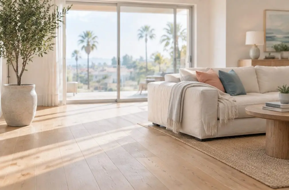 Illustration: a finished engineered plank floor in a sunlit open living area with a low sofa and a plant