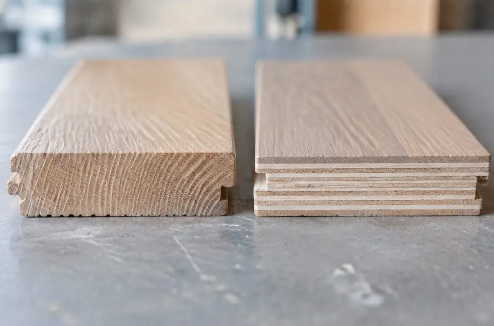 Illustration: two board ends side by side, one a single piece of wood and one with stacked layers, on a gray workbench