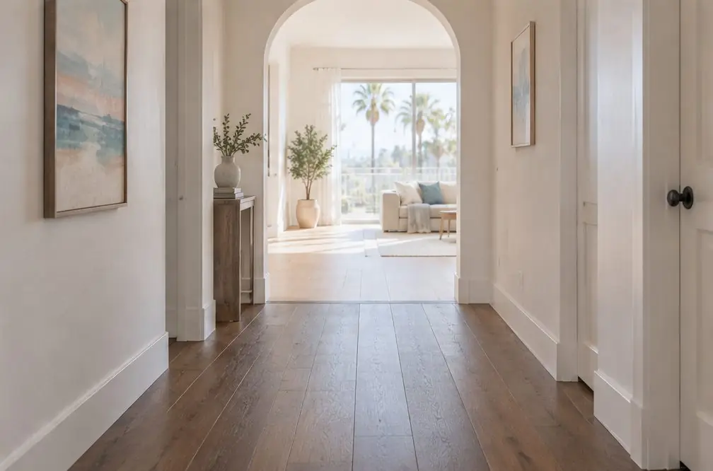 Illustration: a hallway with a dark brown floor leading to a bright room with a pale wide-plank floor