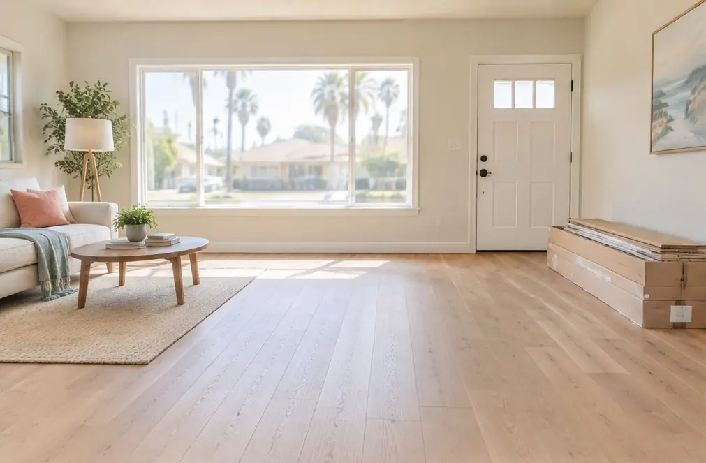 Illustration: a bright Chula Vista, CA living room with a newly laid oak plank floor, a front window facing a palm-lined street and a box of boards stacked beside the wall