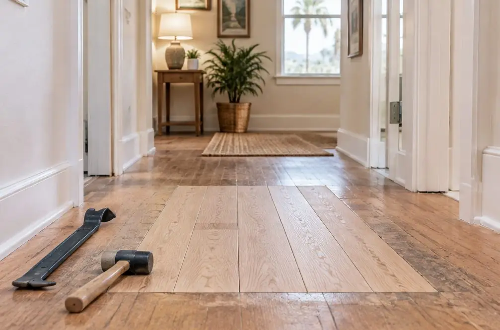 Illustration: a Chula Vista, CA hallway floor with a rectangle of new oak boards laid into an old floor, a pull bar and mallet beside it, and a lamp-lit corner behind