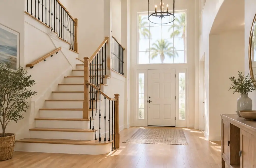 Illustration: a two-story Chula Vista, CA entry with an oak staircase turning at a landing, white risers, a wrought-iron rail and a tall window above the door
