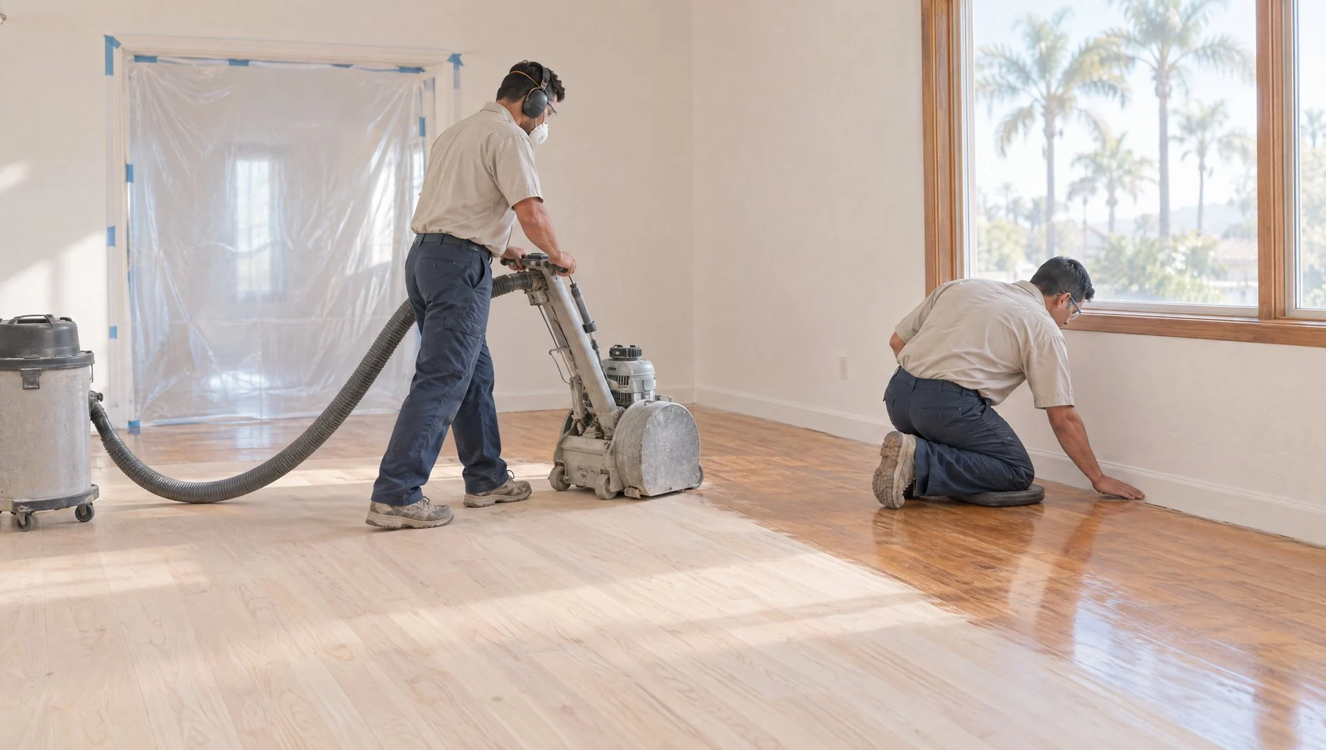 Illustration: two flooring crew members in matching uniforms in a bright Chula Vista, CA living room, one sanding a hardwood floor with a vacuum-connected machine while the other checks the edge along a wall, no brands (AI-generated)