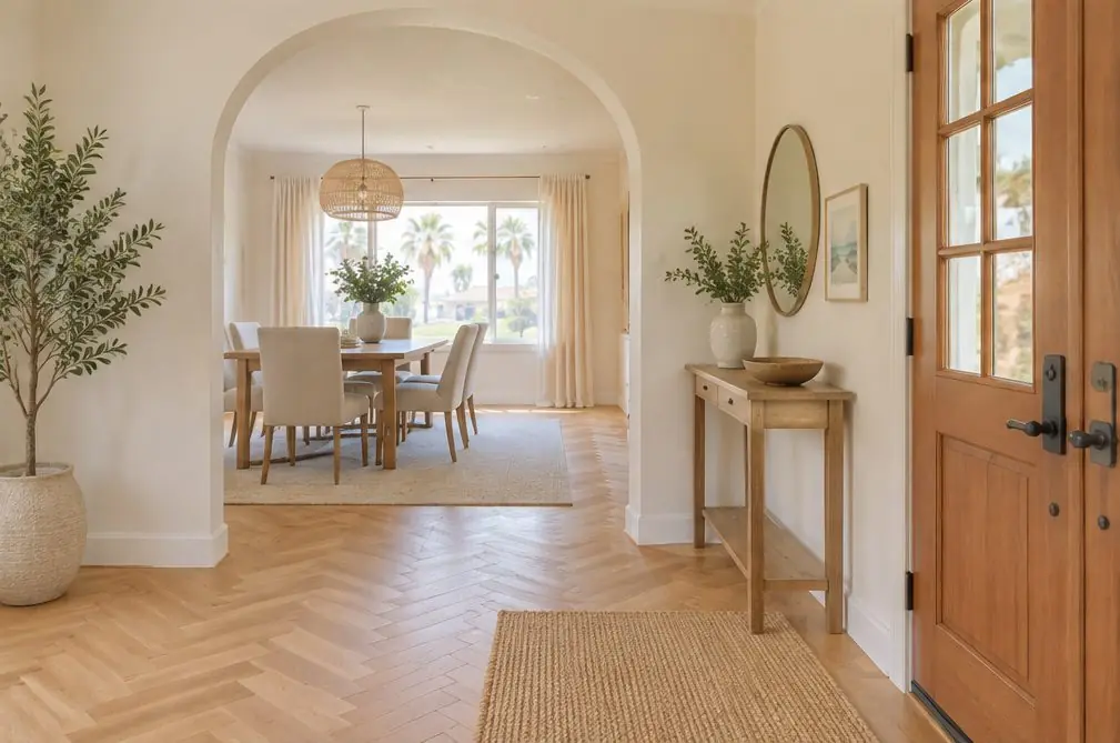 Illustration: a Chula Vista, CA entry hall with a herringbone oak floor leading into a dining room, an arched doorway and a console table by the front door
