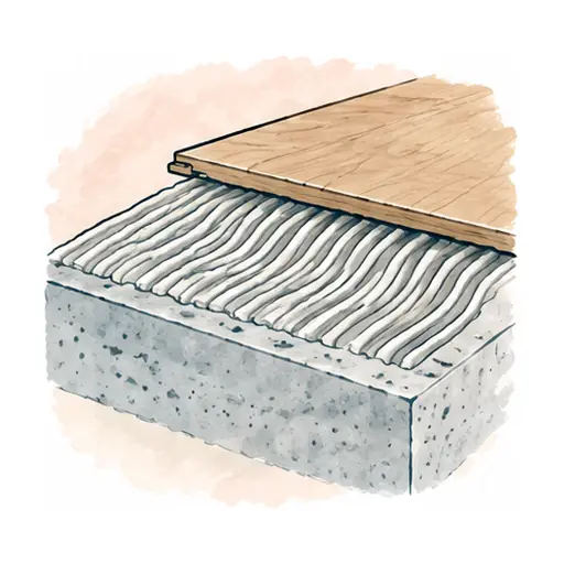 Schematic: Concrete slab, glue-down with a moisture barrier