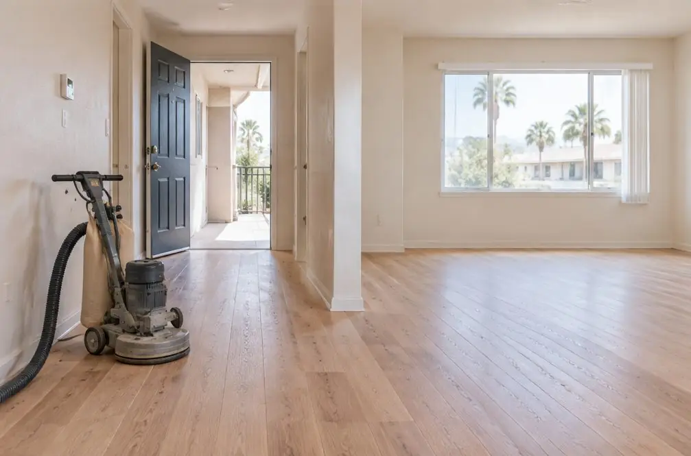 Illustration: an empty one-bedroom apartment in a multi-unit Chula Vista, CA building with a bare oak floor, a sander parked in the hall and a front door propped open to a breezeway