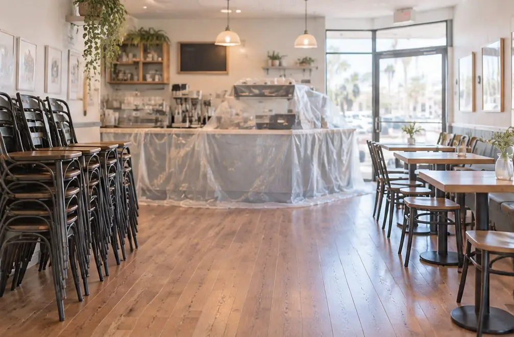 Illustration: a small Chula Vista, CA cafe dining room in a downtown storefront with an oak floor, stacked chairs on one side, tables on the other and plastic sheeting across the counter