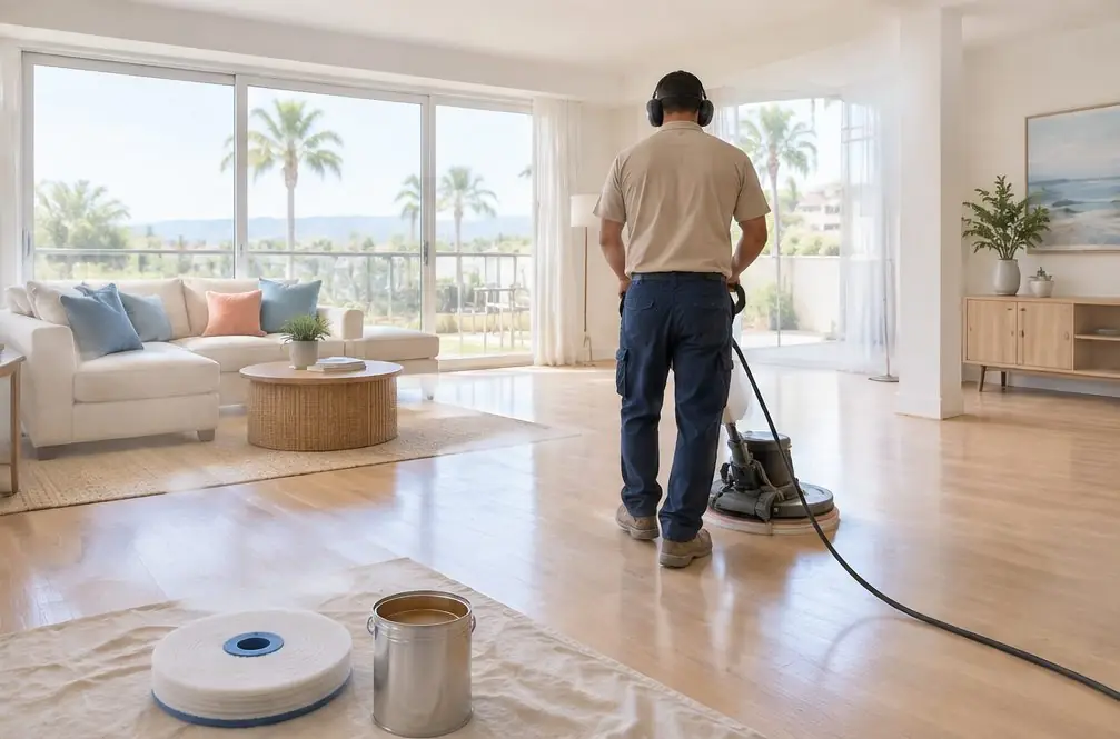 Illustration: a bright EastLake, Chula Vista living room with a floor being buffed by a rotary machine with a fine screen pad, a roll of applicator pads and an open can on a drop cloth