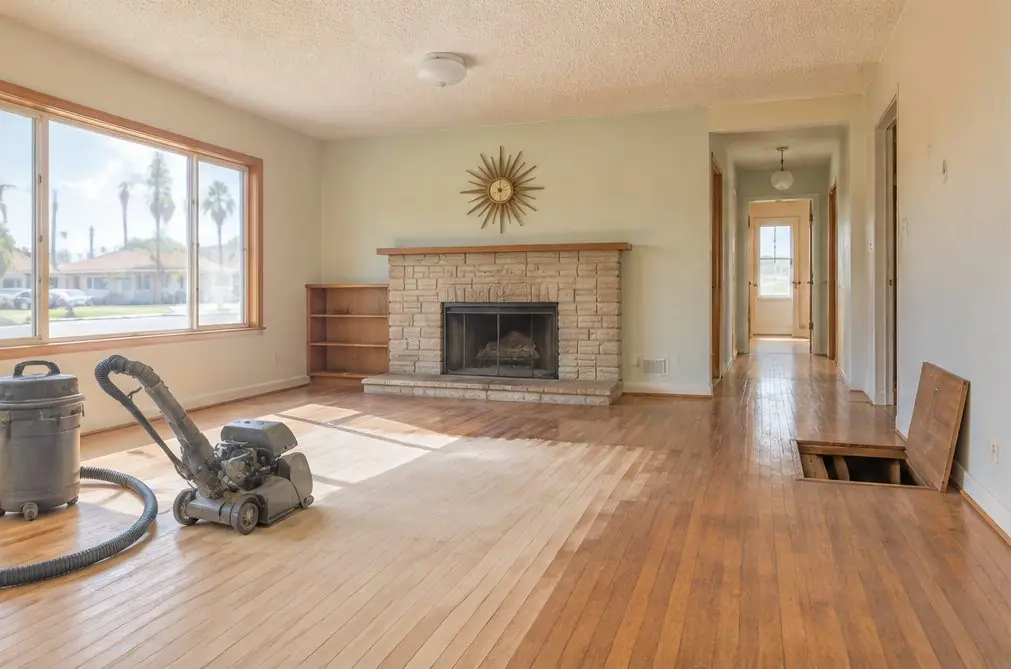 Illustration: a 1950s Chula Vista, CA living room with a solid oak floor being nailed down, the crawlspace access panel visible in the hall and a mid-century fireplace