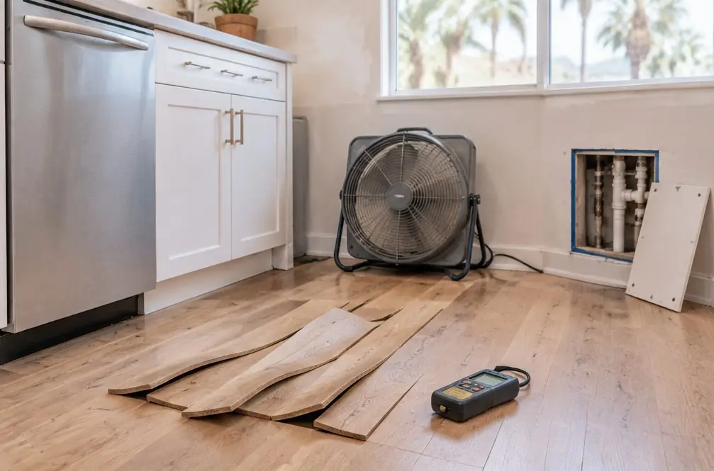 Illustration: a Chula Vista, CA kitchen floor with cupped oak boards beside a dishwasher, a moisture meter on the floor, a fan drying the wall and a plumber's access hatch open